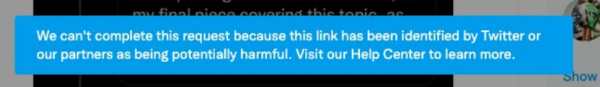 We can't complete this request because this link has been identified by Twitter or our partners as being potentially harmful. Visit our Help Center to learn more.