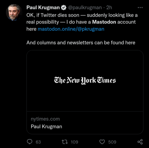 Paul Krugman's feet about Twitter dying and link to his Mastodon