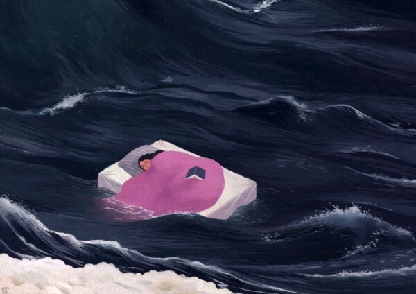 Digital painting of a little girl sleeping on a mattress floating on a stormy ocean. The girl is covered by a pink blanket, and there is an open book open face down on the blanket. The ocean is dark and foamy.