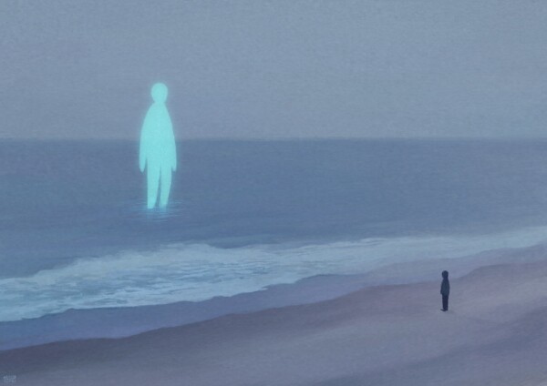 Digital painting of a seaside landscape: a calm, foggy, grey sea, alongside a grey beach. There is a glowing giant, cyan, faceless figure standing in the sea, facing the beach, and a small character facing the figure on the beach, with their hood up.
