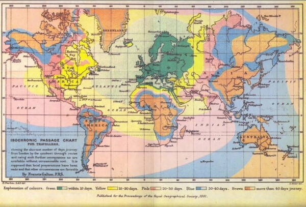 map shows travel time from London the rest of the world in 1881