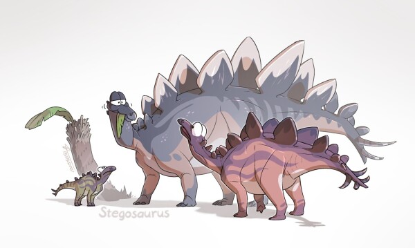 A drawing of three Stegosaurus