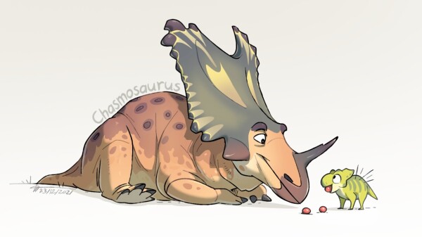 A drawing of an old Chasmosaurus smiling at a hatchling Chasmosaurus