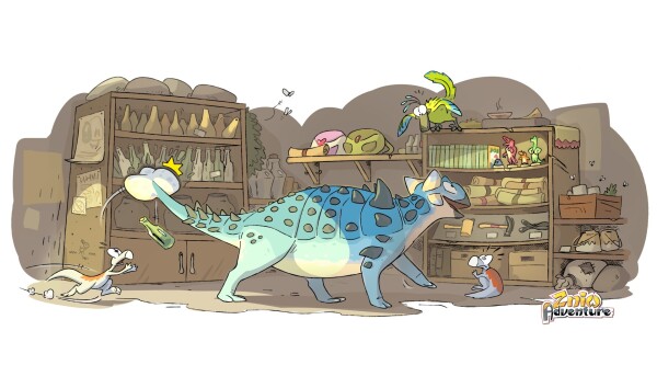 An illustration of a clumsy Euoplocephalus entering a small goods shop