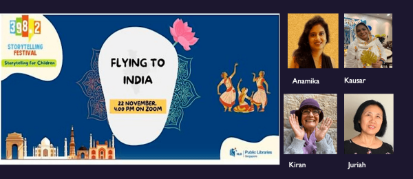 Poster of Flying To India session of the 398.2 Storytelling Festival, with photos of the tellers