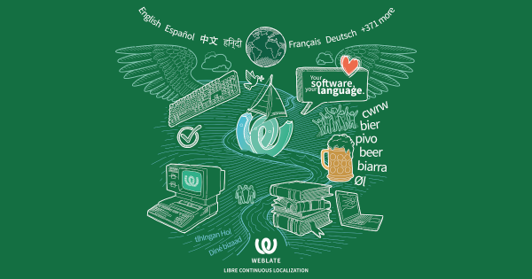 T-shirt design with Weblate logo as a sailing boat in the river of continuity; with community and liberty symbols; Your Software, Your Language. claim, and a word beer in many languages including Welsh. Because FOSDEM :)