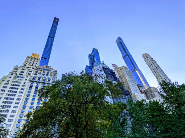 ridiculously thin blue skyscrapers south of Central Park that look like CGI