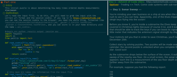 Split emacs window, with Solarized Dark theme: one side is an org-mode document with a description of how to grab puzzle input using the session cookie and some Python code to do the same, the other is EWW displaying Day 1 of Advent of Code 2021