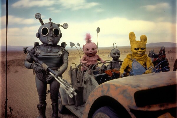 An armoured teletubby holding a rifle, standing next to three smaller teletubbies in a car in a desert landscape