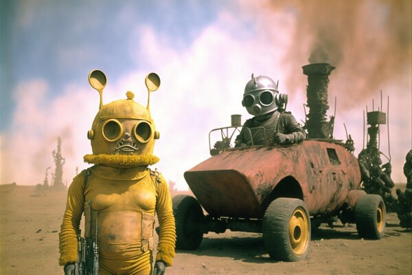 An armoured teletubby in front of a custom-built car with a smokestack in a desert landscape