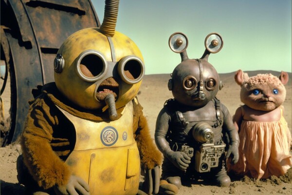 Two armoured teletubbies and an anthropomorphic mammal with blue eyes wearing a dress in a desrt landscape