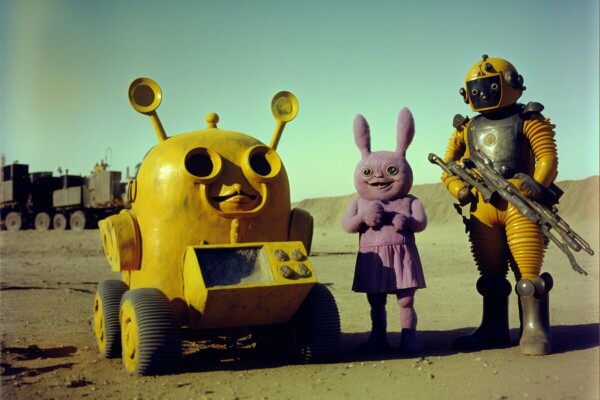 An armoured teletubby with a rifle standing next to a pink anthropomorphic rabbit and a  yellow car shaped like a teletubby