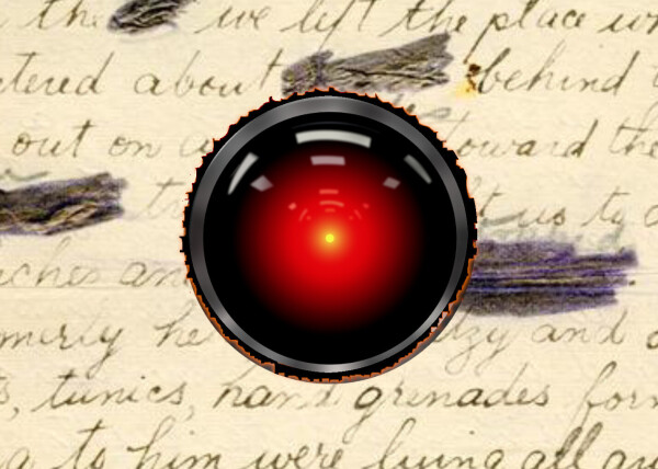 A handwritten letter from a WWI soldier that has been redacted by military censors; the malevolent red eye of HAL9000 from 2001: A Space Odyssey has burned through the yellowing paper.

Image:
Cryteria (modified)
https://commons.wikimedia.org/wiki/File:HAL9000.svg

CC BY 3.0
https://creativecommons.org/licenses/by/3.0/deed.en

William Shaw Antliff (modified)
https://www.macleans.ca/history/this-canadian-private-wrote-and-saved-hundreds-of-letters-during-the-first-world-war/

Public domain
https://en.wikipedia.org/wiki/Copyright_law_of_Canada#Posthumous_works

