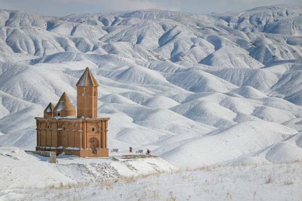 Saint John Church of Sohrol is a 5th or 6th century Armenian Catholic church in Sohrol, Shabestar, Iran. The chuch is shown in the bottom left with hills of snow in the background.