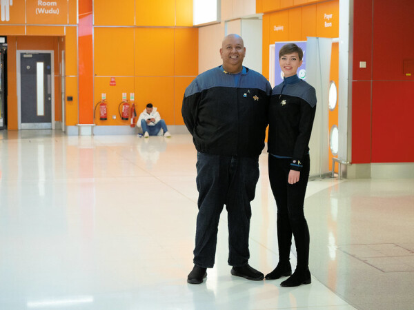 Jyoti Mishra and friend cosplaying Deep Space Nine Starfleet Officers at the Destination Star Trek convention in Birmingham.