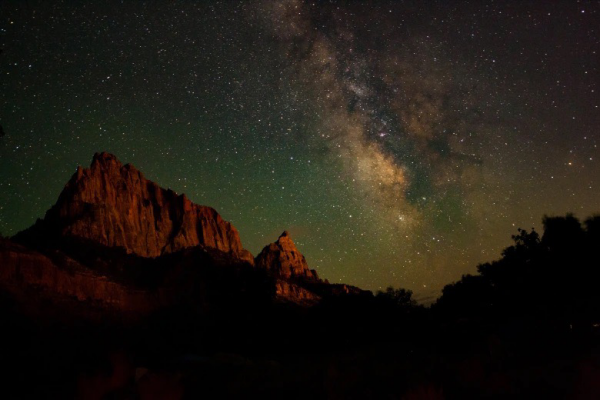 A rocky mountain at Zion National Park with the Milky Way overhead.