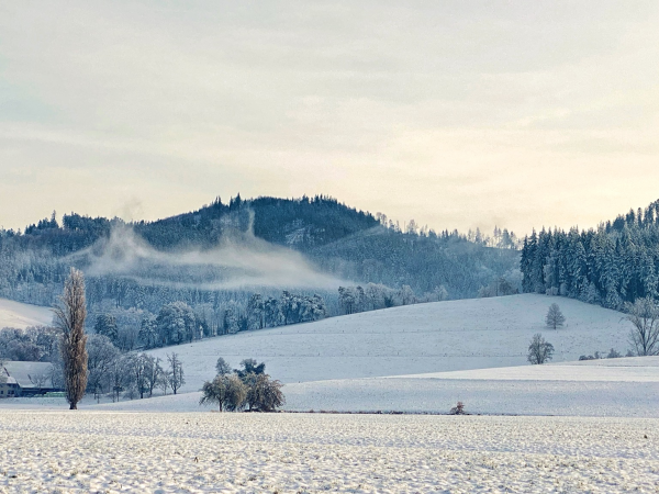 Wispy cloud over a snowy landscape.