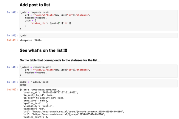 Two more API calls, these ones are new: both use the /api/v1/lists/:list_id/statuses endpoint. The first is a POST adding a status by its ID, and the second is seeing what posts exist for the list. We can see that the post we got from the federated feed is now on our list!