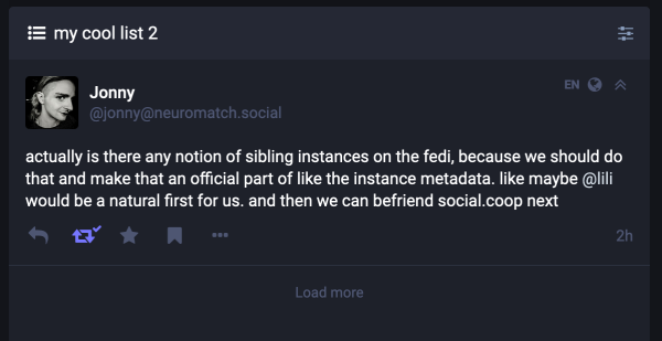 Just a screenshot from the mastodon interface this time showing that the post is indeed in the list we just created.

(it's this post, which isn't all that important: https://neuromatch.social/@jonny/109544855404444286 )