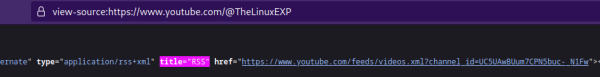 A picture of the source code view of https://www.youtube.com/@TheLinuxEXP that highlights the "title=RSS" property, to show that every youtube channel does include an RSS feed.