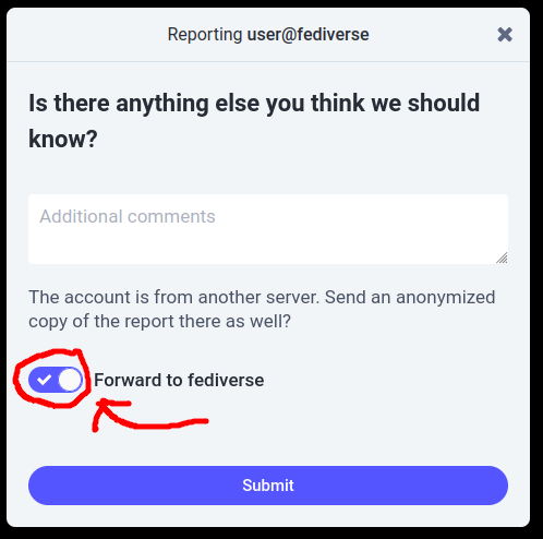 Picture of the report form with an arrow pointed toward the toggle switch asking if the report should be forwarded.