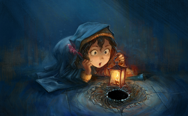 A beautiful, fairy-tale-like  illustration showing a night scene where a young girl in a robe holds a lantern and a wand. The character kneels and looks curiously, and with a hint of surprise on her face, at a small black hole in the floor right in front of her. The lantern illuminates her face and the area immediately around the hole with warm light, making it stand in contrast to dark and cold background. It gives the scene somewhat cozy feeling.