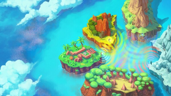 Digital painting looking down on a group of idyllic islands, each with their own biome, whose communications with one another merge in waves of colour.

CC BY 4.0 David Revoy & Framasoft
https://www.peppercarrot.com/
https://framasoft.org/