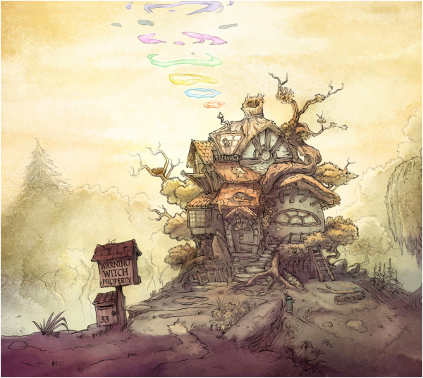 A nice anime-style illustration in earth-hued pastels of an eccentric, rustic, rickety Cotswald-style two-story cottage made of wood and stone with shingled dormers and different styles of old fashioned bay windows, gables, a hay roof and central chimney. Rainbow colored smoke rings emit from a small metal chimney pot. The house is set in a forest, with trees, plants,and roots organically growing in and out of the structure. In front is a mailbox with "33" on it, and sign that says, WARNING WITCH PROPERTY. Very charming.