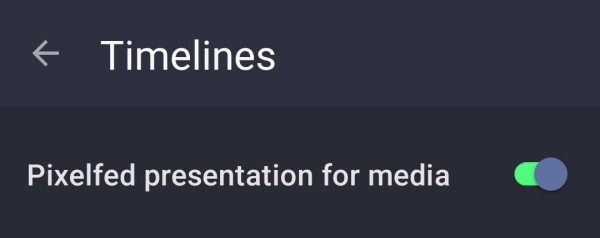 Screenshot of Settings for Timelines. The pixelfed presentation has been turned on. 