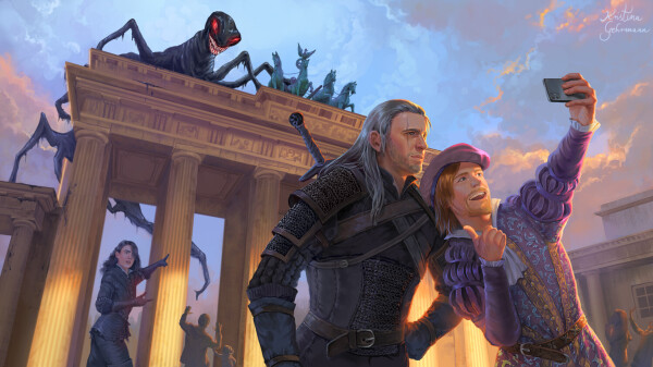 A humorous Illustration showing characters from The Witcher, Geralt of Rivia and Jaskier, taking a phone selfie in front of the Brandenburg Gate. They seem to have not noticed yet that a scary monster has climbed on the gate. Yennefer in the background is trying to make them aware of it.