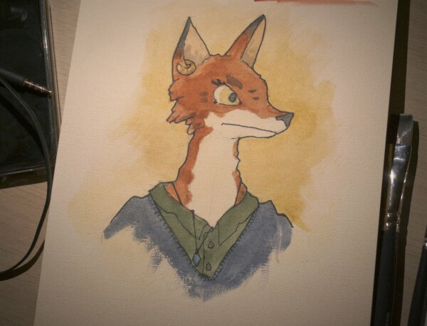 Frowning fox drawing done in watercolor and fineliner