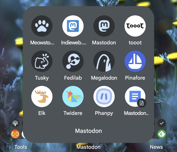 Screenshot of far too many Mastodon client icons