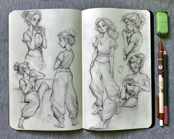 Photo of handmade traditional pencil sketches/studies of a lady with coffee in a cozy vibe. Made by zizudraws