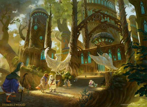 A large scene of a temple like structure made out of wood in the forest. There is a variety of different birdfolk walking towards or coming from the temple. It's flanked by two bird statues made out of marble. Light filters through the trees and gives a magical and warm apperance to the scene.