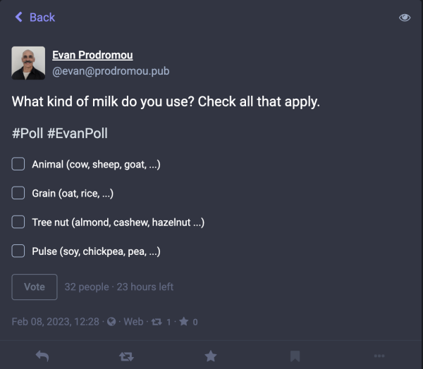 Screenshot of a poll asking about types of milk people use, noting the square check boxes to allow multi-select.