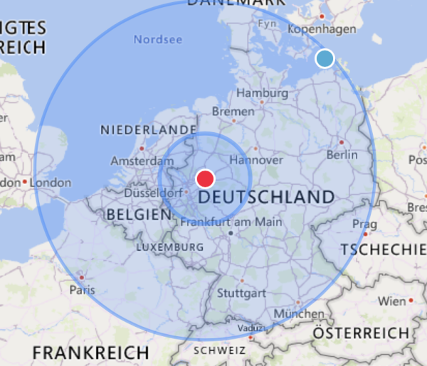 Map with a circle of 500km around Dortmund in Germany.