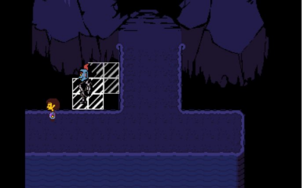 Undertale image of NPC walking on top of magic transparent glass tiles.