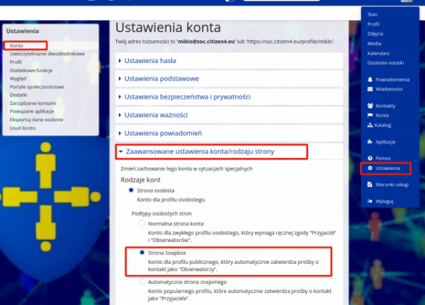 Screenshot z ekranu ustawień friendica - ustawienia rodzaju konta