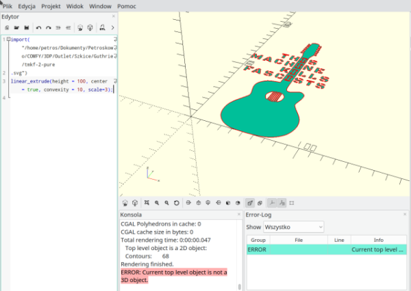 Zrzut ekranu programu OpenSCAD z komunikatem o błędzie eksportu do STL "ERROR: Current top level object is not a 3D object. "