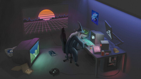 Digital illustration of a dark room cluttered with gadgets, inside jokes, and various monitors displaying demoscene-related imagery. In the middle a wizard sits on a gaming chair hunched over a keyboard.