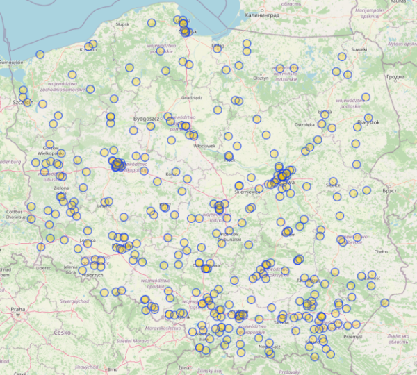 screenshot - mapa pomników #JP2 z zapytania do https://overpass-turbo.eu