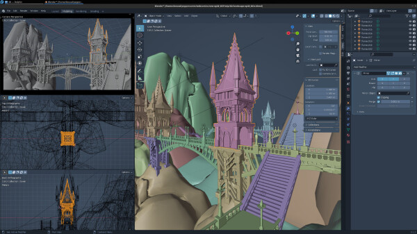 Blender screenshot: a viewport with colored objects while modeling the scene in 3D: a fantasy gothic bridge at night.