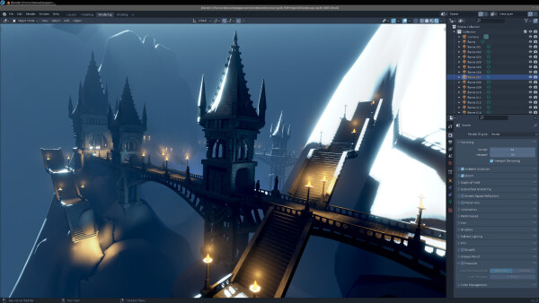 Blender screenshot: a viewport with a realtime Eevee rendering of the full set shaded: a fantasy gothic bridge at night.