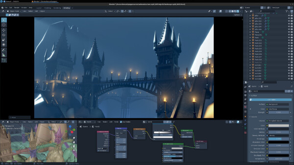 Blender screenshot: a viewport with  nodes to tweak the world (adding mist) and a rendering from the camera: a fantasy gothic bridge at night.