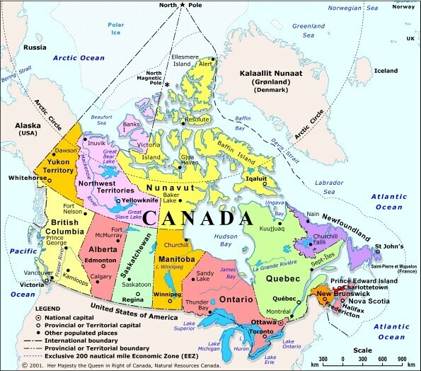 Map of Canada showing provinces and territories