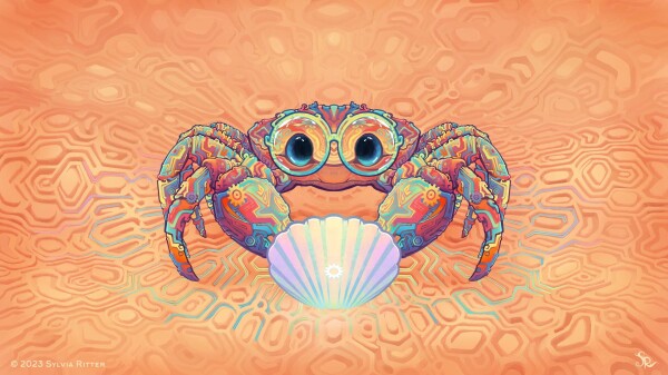 A portrait painting from 2021 which I haven't released yet. A colorful cute crustacean at the intricate beach with its laptop. All cute and adorable. Looking for a second at you, before hiding again behind its shell machine.