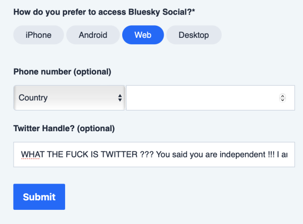 Bluesky survey asking for Twitter Handle - no, it is not mentioning the Fediverse elsewhere.