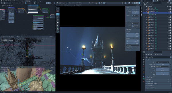 A screenshot of Blender 3D: rendering a viewport of an old architecture bridge. It's used for the background.