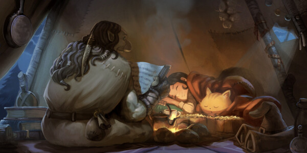 A digital painting of a pacifist troll in a tent telling a bedtime story to young Pepper and Carrot, who are already sleeping. The tent is lightened by the warm light of the firecamp in the center, and the blue light of the sky get trough from both side of the tent.