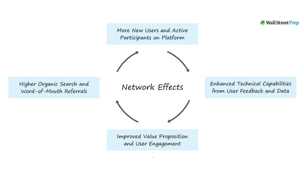 Drawing showing Network Effects cycle. More New Users and Active Participants on Platform yields Enhanced Technical Capabilities from User Feedback and Data, which creates am Improved Value Proposition and User Engagement, which yields Higher Organic Search and Word of Mouth Referrals, which in turn yields More New Users in a beneficent cycle.